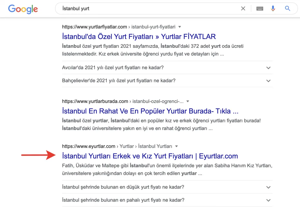 İstanbul SEO Hizmeti Eyurtlar İstanbul Yurt Kelimesi İlk Sayfa