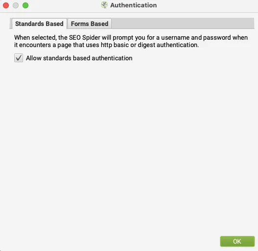 Screaming Frog SEO Authentication