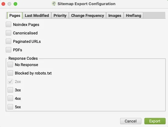Screaming Frog Sitemap Export Configuration penceresi