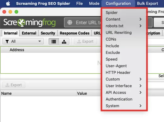 Screaming Frog Configuration