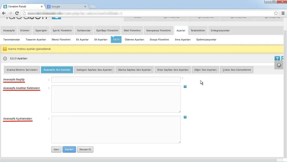 İdeasoft SEO Anasayfa Ayarları