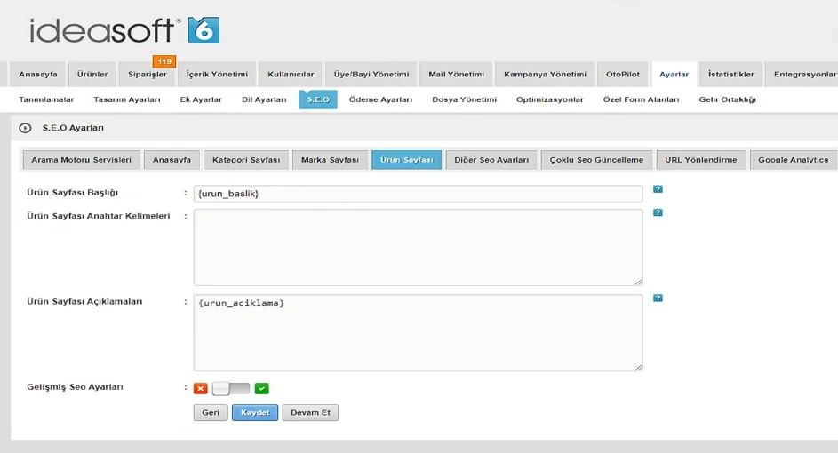 IdeaSoft SEO Ürün Sayfası