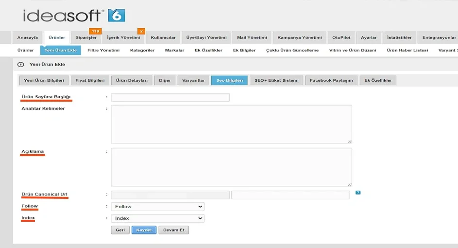 IdeaSoft SEO Yeni Ürün Bilgileri