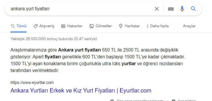 Ankara Yurt Fiyatları 0. Pozsiyon